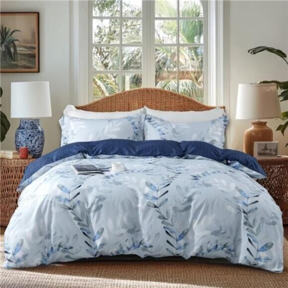 Reversible Leaf Blue Duvet Cover Set with Zipper - Picture 1 of 7